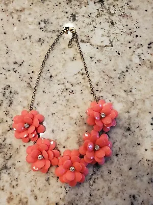 J Crew Necklace Chunky Statement Gold Chain Pink Coral Flower Rhinestone 20  • $26
