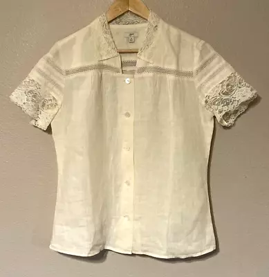 J. Jill Ivory Button Down Lace Short Sleeve Collared Shirt 100% Linen Delicate S • $18.99