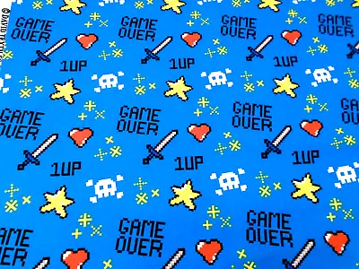 Game Over 1 Up Video Gamer Pixilated Electric Blue Skull Cotton Fabric 44x34  • $11.95