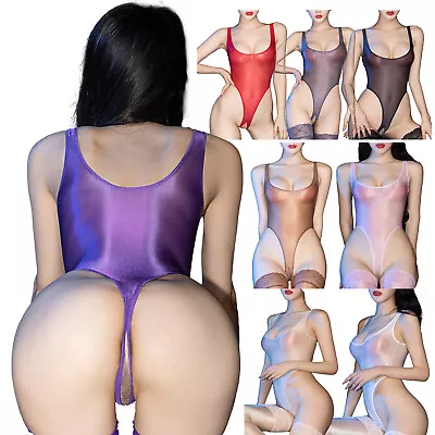 Women's Bodysuit Glossy U Neck Open Crotch See-through Stretchy High Cut Leotard • $6.84