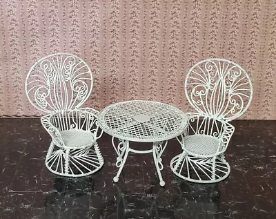 New Dollhouse White Wire Patio Set 2 Peacock Chairs & Table Scale 1/12 • $18.85