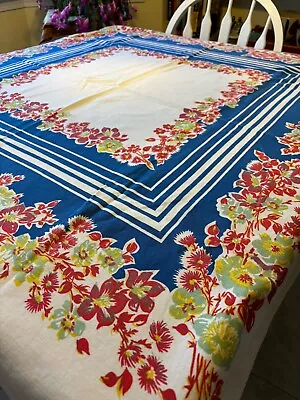 Striking Vintage Tablecloth Red Yellow GreenFlowers W/ Royal Blue Striped Design • $22