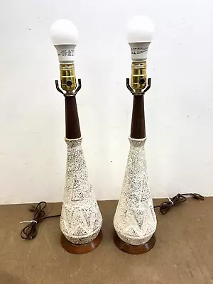 Vintage Ceramic TABLE LAMP PAIR Mid Century Modern Wood Light Art Pottery Set 50 • $49.99