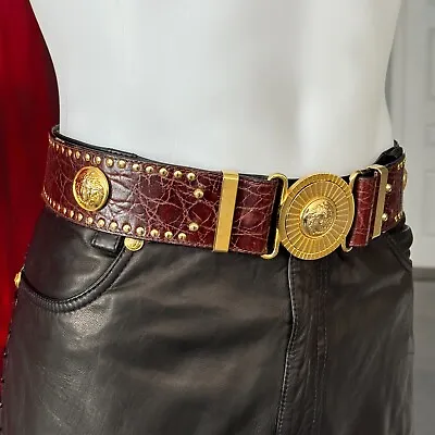 GIANNI VERSACE Belt Brown Leather Studded Medusa Medallion Size 95 From 1992/93 • $2499.99