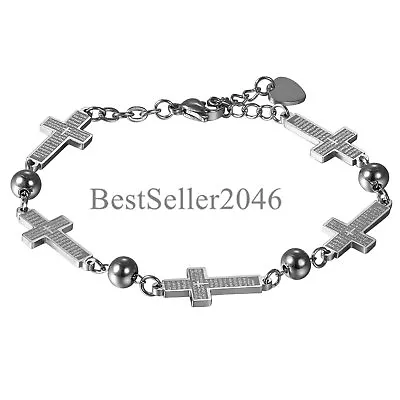 Men Women Lords Prayer Our Father Stainless Steel Cross Link Religious Bracelet • $8.99
