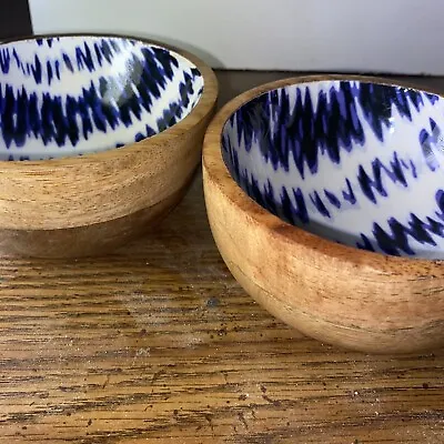 TWO 5” Mango Wood And Enamel Finish Bowl PAIR BLUE WHITE MCM TIE DYE PATTERN • $38