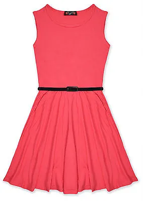 £7.99 • Buy Girls Skater Dress Kids Party Dresses With Free Belt For Summer Age 5 - 13 Years