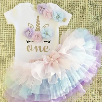 Baby Girl 1st Birthday Outfit Girls Unicorn Pastel Tutu Set Cake Smash Outfit • £16.99