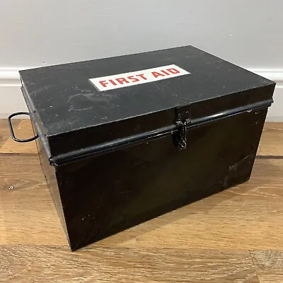 Vintage First Aid Tin Box Large Storage Black Metal 1940s Side Handles 12x8x7” • £39.50