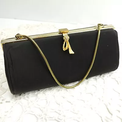 Vintage Black Gold Rhinestone Triangle Petite Small Evening Clutch Bag Strap • $17