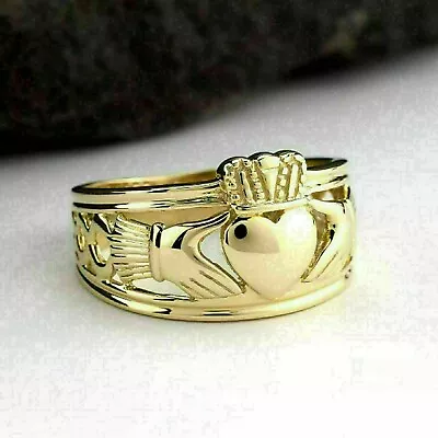 Vintage 14k Yellow Gold Finish Men's And Women's Claddagh Wedding Band Ring • $85.79