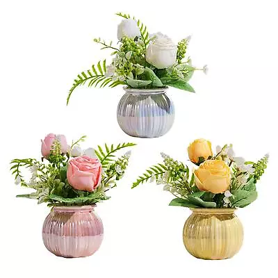 Artificial Potted Rose Flower Ceramic Vase Floral Arrangement 8inch Tall For • £14.58