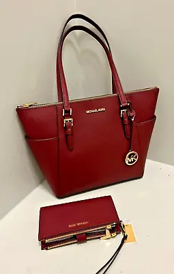 Michael Kors Charlotte Large Leather Top-Zip Tote Bag+Double Zip Wristlet Wallet • $139.95