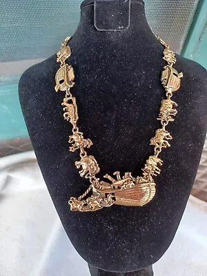 Vintage Noahs Ark Figural Animal Ship Gold Tone Bold Runway Necklace Estate • $28