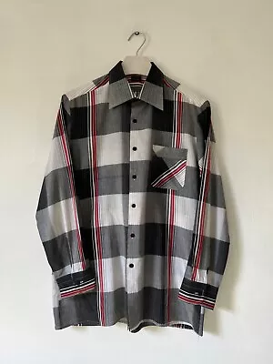 70s Graphic Shirt Large Black White Check Vintage 44  • £13