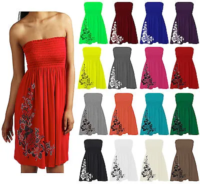 Womens Glitter Floral Smoken Shirred Swing Dress Summer Sheering Boob Tube Top • $11.36