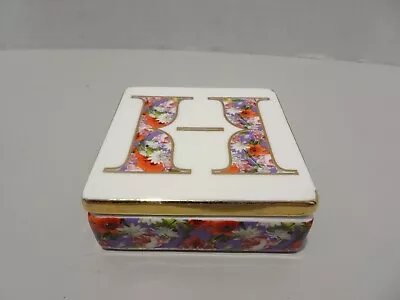 Anthropologie Monogram H Lidded Stoneware Ceramic Jewelry Floral Trinket Box • $12.50