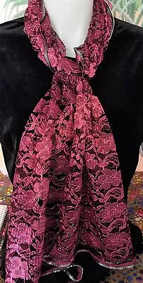 Women' Floral Lace Mesh Wave Edge Scarf Shawl Wine #500 • £12.30