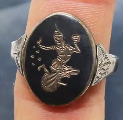Vintage Siam Sterling Silver Niello Enamel 2 Sided Goddess Ring Sz 9.5  6g Sv2 • $2.99