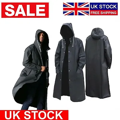 Waterproof Long Black Raincoat Men Rain Coat Trench Jacket Hooded Outdoor Hiking • £8.95