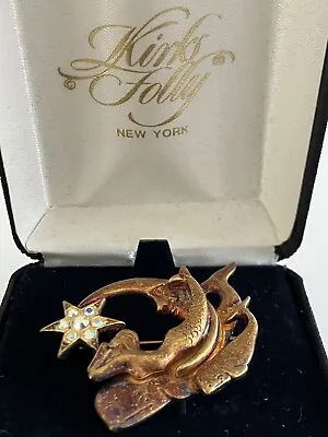 Vintage KIRKS FOLLY Mermaid Whales Moon Star Copper Tone Brooch Pin In Box • $45.99