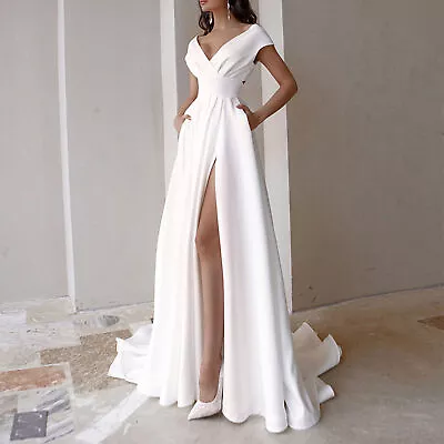 Evening Dress V-neck Irregular White Side Slit Party Dress Gown • $36.66