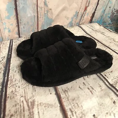 UGG Fluff You Black Plush Slippers Size 10 Lamb Fur Flip Flops • $49.50