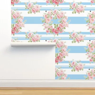 £95.17 • Buy Removable Water-Activated Wallpaper Stripes Floral Pink Roses Neptune Blue And