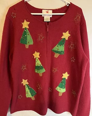 Quacker Factory Sweater Womens Large Red Christmas Trees 100% Wool 80’s Vintage • $25