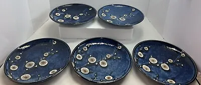 5 World Market Stoneware Salad / Dessert Plates Cherry Blossom Cobalt Blue 7.5  • $19.99