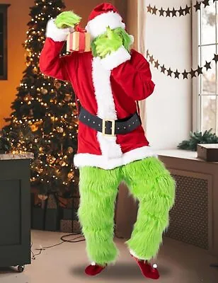 Christmas 7PCS Adult Santa Grinch Furry Costume Mask Gloves Belt Foot Cover Set • $28.49