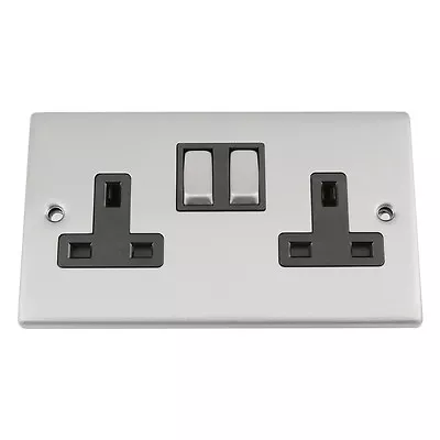 £9.99 • Buy 13 Amp Single Wall Plug Socket 2 Gang In Brushed Satin Matt Chrome Square Style