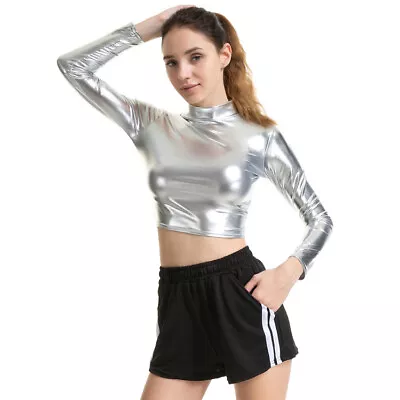 £13.09 • Buy Women Shiny Long Sleeve Crop Top T-Shirts Clubwear Metallic Dance Top Mock Neck