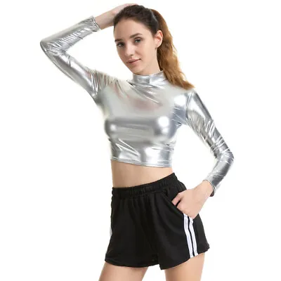 £17.99 • Buy Women Shiny Metallic Dance Top Mock Neck Long Sleeve Crop Top T-Shirts Clubwear