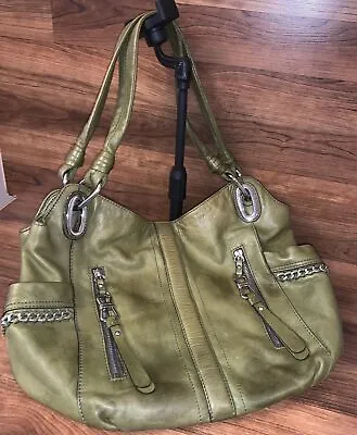 B Makowsky Soft Leather Hobo Shoulder Bag Purse Olive Green Multi Compartment • $39.99