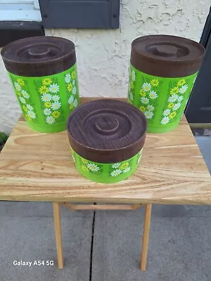Vintage  Alladinware Green Daisy Canisters Set Of 3 • $15