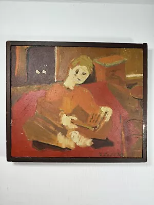 Modern Mid Century Abstract Painting On Canvas Boyish Figure Reading Signed 1968 • $419.99