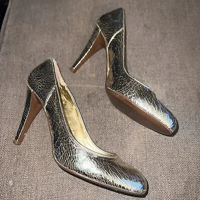 J Crew Leather Crackled Gold  Pumps Size 6.5 Italy • $35.10