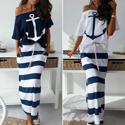 Women Ladies Casual Sailor Top Ruffle Long Maxi Dress Skirt Set Summer Sundress • $22.99