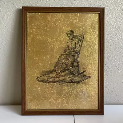 Vintage Charcoal Sketch Woman On Rocking Chair Sewing Quilt On Gold Leaf Framed • $18