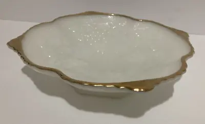 Vintage Milk Glass Bowl Anchor Hocking Compote Grapes Fruit Bowl Gold Rim • $12.99
