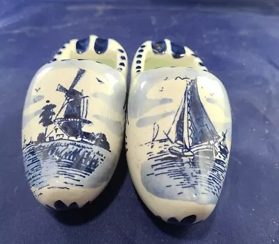 Vintage Pair Delft Blue Handpainted  Shoes Clogs Ashtrays Of Windmill & Ship • $20