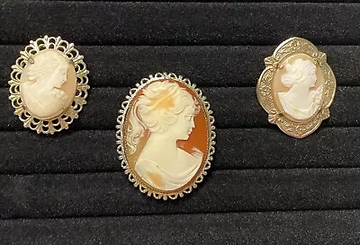 Vintage Antique Cameo Brooch Jewelry Lot Gold Tone Carved 3pcs • $19