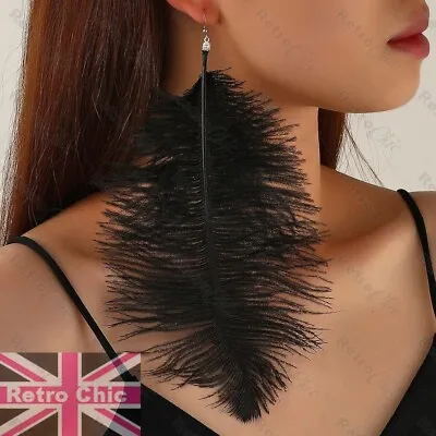 BIG Long LUSH BLACK OSTRICH Feathers RETRO Vintage Style LARGE EARRINGS Feather • $7.45