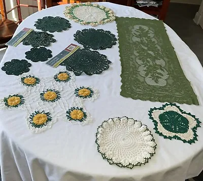 Vtg Crochet Doilies Runner Floral Green  Runner Lot 11 • $17.99