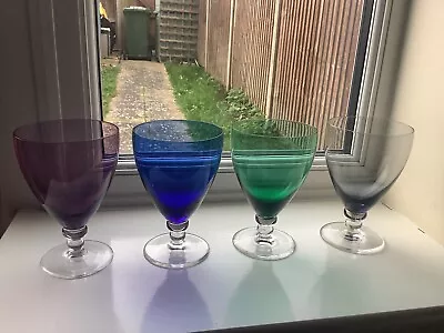 Vintage Retro Set Of 4 Clear Stemmed Harlequin Coloured Wine/Cocktail Glasses • £12.99