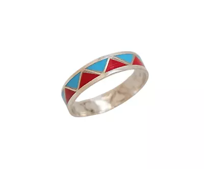 Zuni Hand Crafted Band Sterling Silver Turquoise Coral Inlay Band Ring Size 5-14 • $34