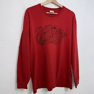 Distressed Supreme X Daniel Johnston Tee Red T-Shirt Long Sleeve Size Large • $76.88