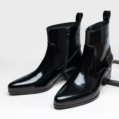 Pointed Toe Men's Heels Chelsea Ankle Boots Real Patent Leather Western Clubwear • $159.99