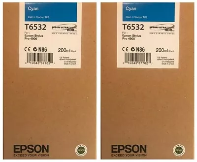 2 New Genuine Factory Sealed OEM Epson T6532 Cyan Inkjet Cartridges 4900 2014 • $70